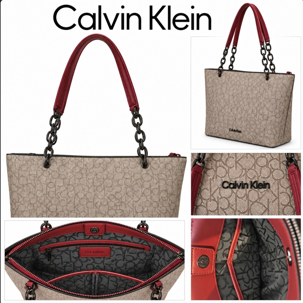 Calvin Klein Tote‎ Womens Large Beige Red Monogram Logo Chain Strap Shoulder Bag